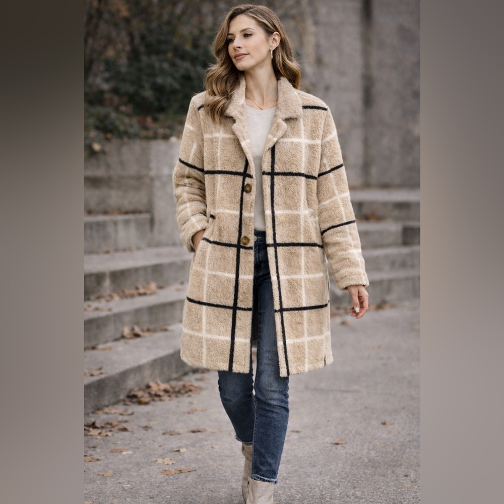 Anthro Teddy Coat Beige Plaid Fuzzy Jacket Cozy Longline Windowpane M - Picture 6 of 7